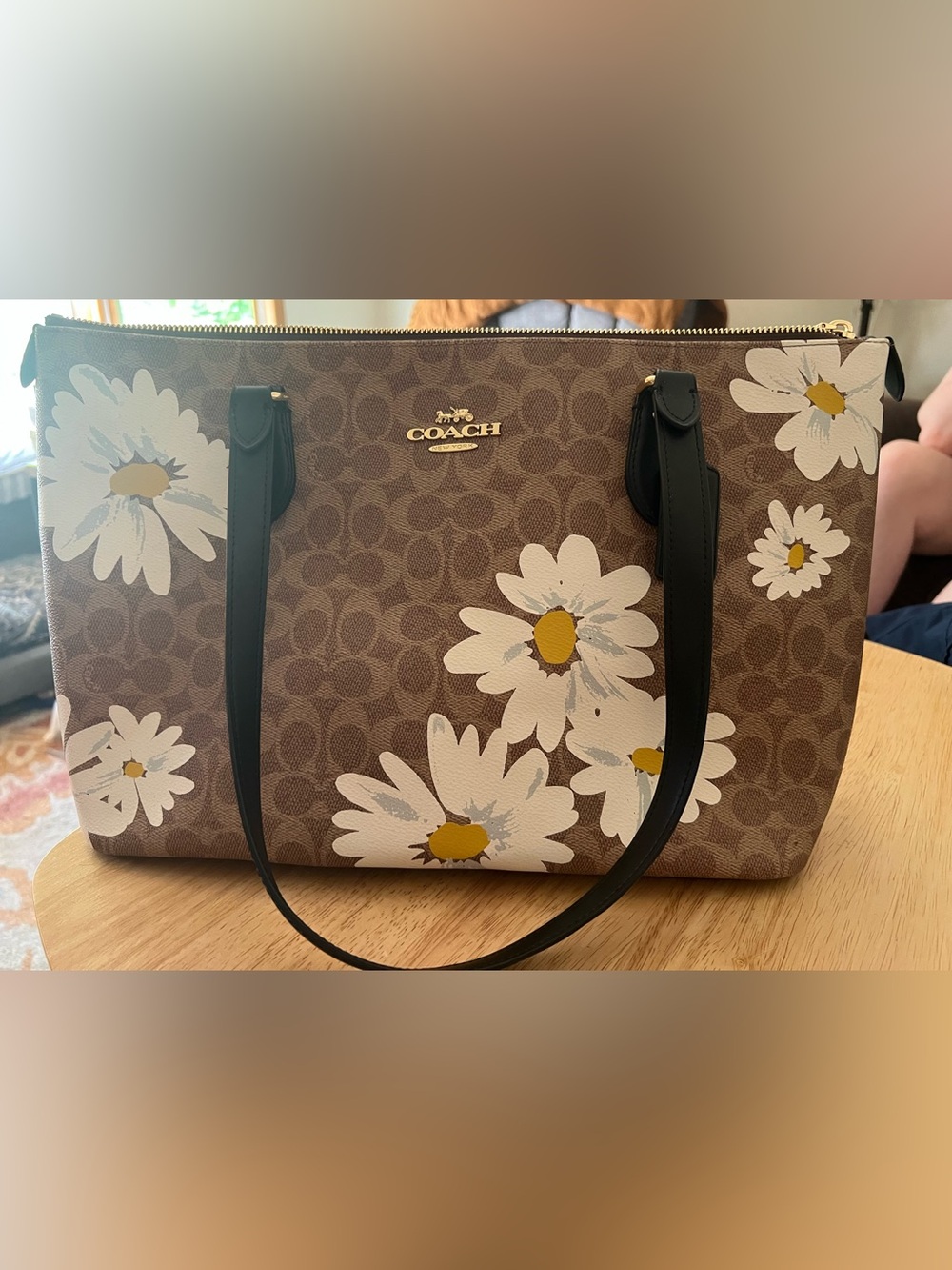 COACH Brown Daisy Print Tote with Black Handles and Gold Hardware